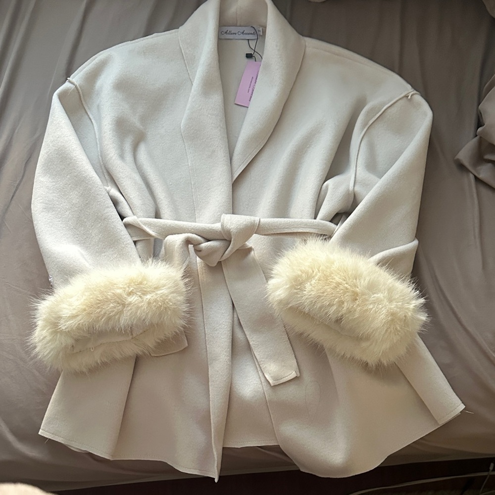 Cream Belted Coat with Faux Fur Cuffs